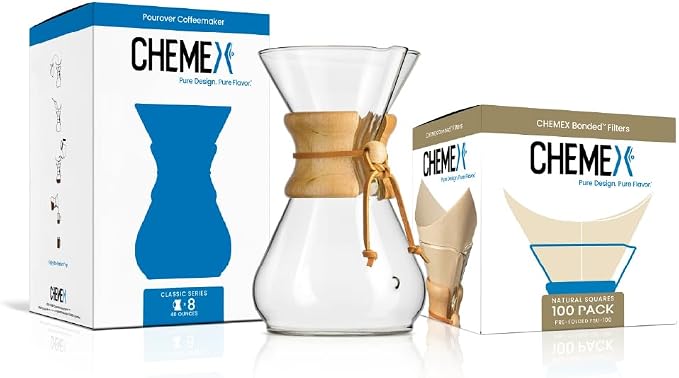 CHEMEX Bundle - 8-Cup Classic Series - 100 ct Square Filters - Exclusive Packaging | Manual Drip Brewer with Square Bonded Filters, Borosilicate Glass, Coffee Gift Set