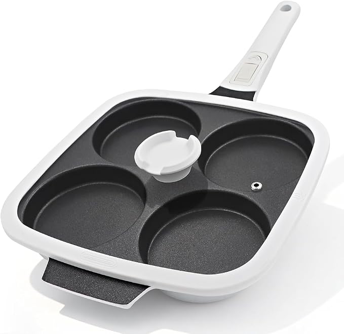 RANX INGST 4-Cup Egg Pan Nonstick with Lid 10 Inch Large Pancake Pan, White | Detachable Handle, Omelette Skillet Induction Compatible for Breakfast