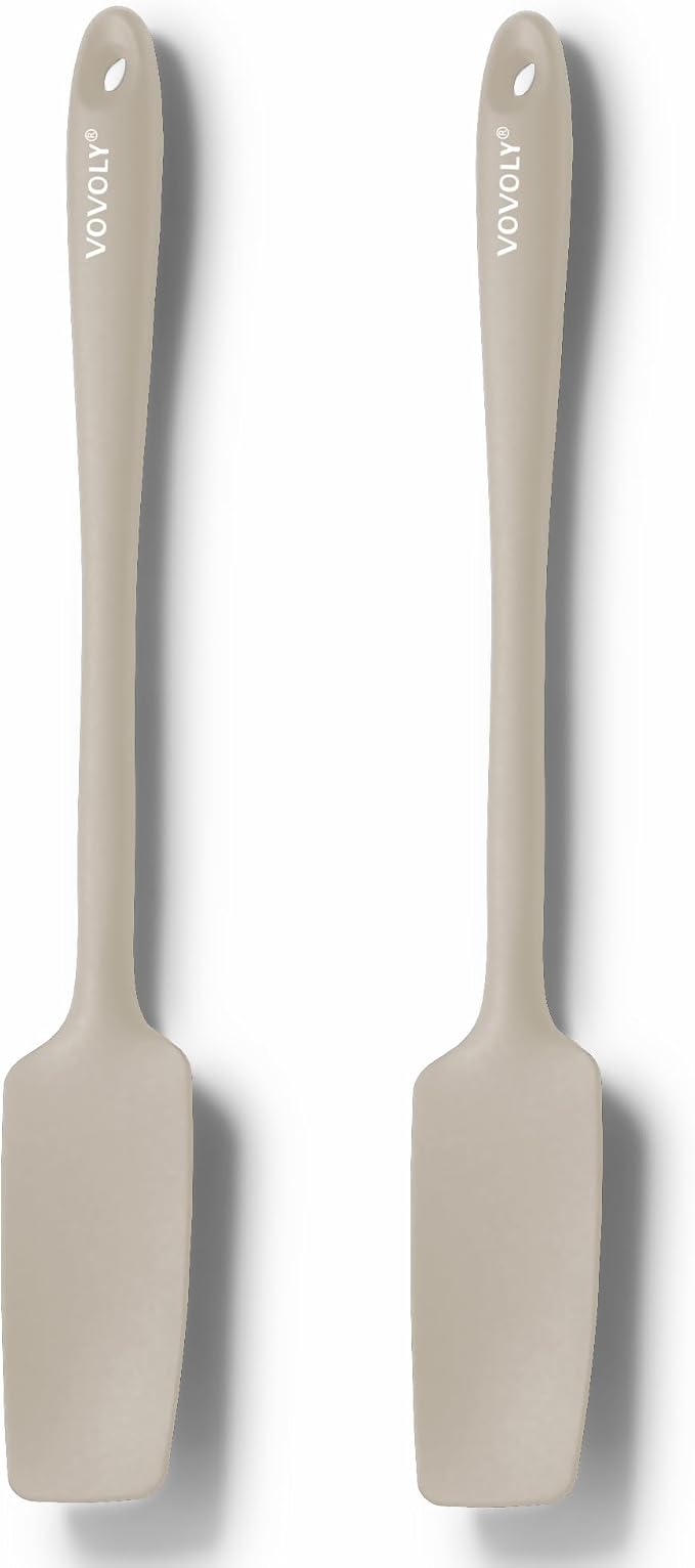 2-Pack Silicone Small Jar Spatulas with Long Handle, Upgraded Heat Resistant Spatula for Non Stick Cookware, Seamless Design, Stainless Steel Core, BPA Free Spoonula, Khaki