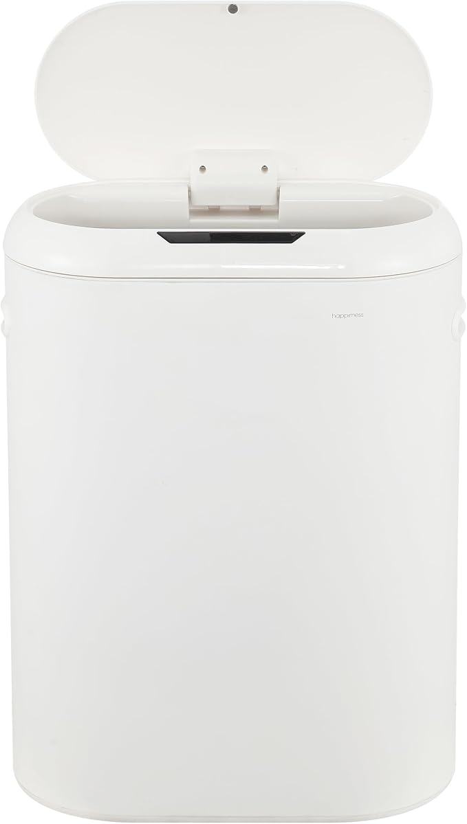 happimess 13.2 Gal Oval Motion Sensor Trash Can, Cotton White | Oval, Motion Sensor, Touch Mode, Soft Close Lid, Powder Coated Iron, 17.7" W x 9.84" D x 24.2" H