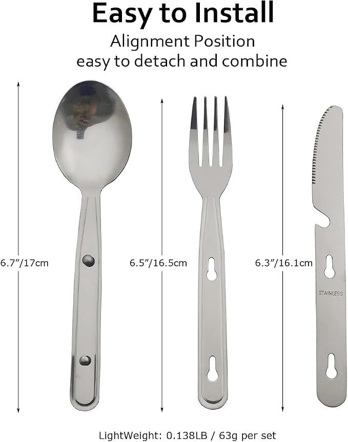 4-in-1 Camping Utensils Hiking Cutlery Set for 4, Portable Stainless Steel Flatware Spoon Fork, Knife & Bottle Opener Combo pack for Picnic Travel, Barbecue, Backpack Outdoor Gear with Carrying Bag