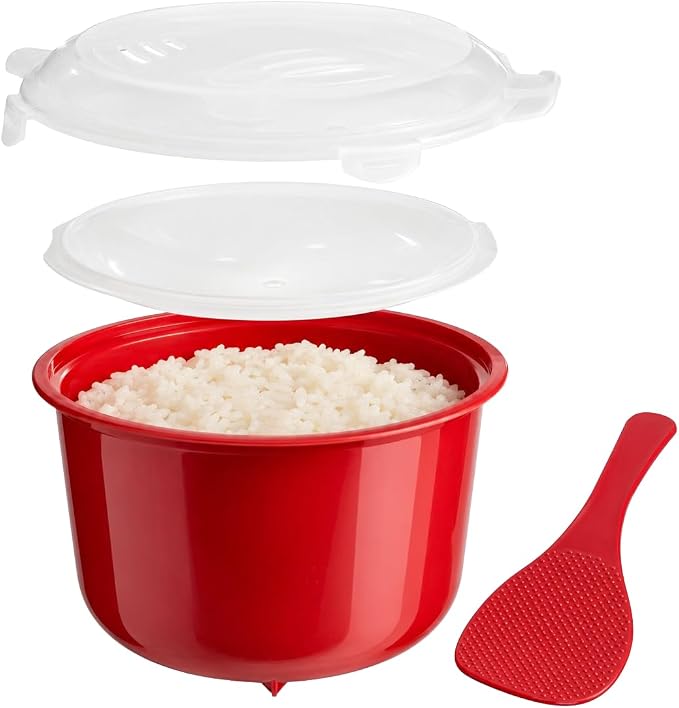 Microwave Rice Cooker with Steamer Lid and Spoon – BPA-Free 2.6L Rice Maker, Dishwasher Safe, for Basmati, Jasmine, Spanish, Indian Rice, Pasta, Ramen and Vegetables
