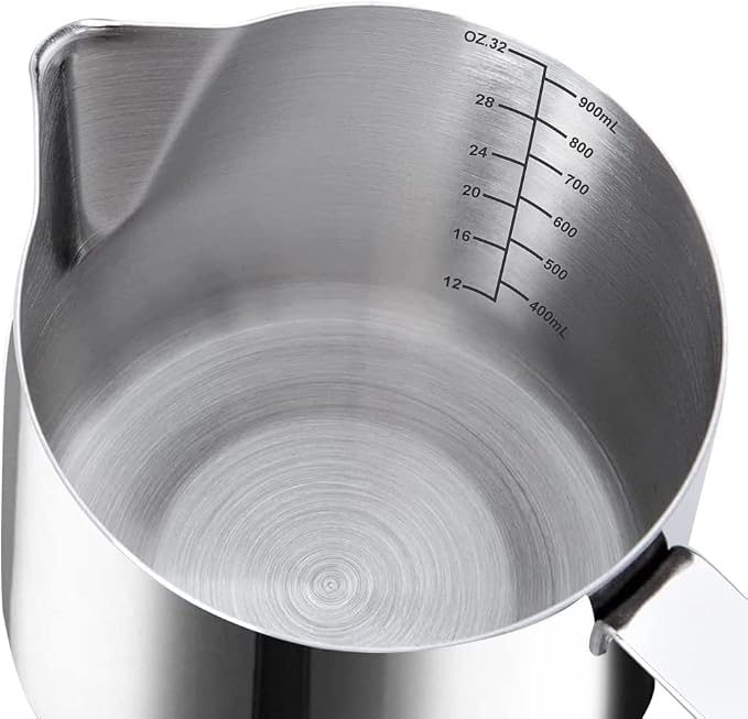 Milk Frothing Jug, Milk Frothing Pitcher Pouring Jug Espresso Cup with Measurement Inside 32oz/900ml Stainless Steel Creamer Cup for Making Coffee Cappuccino Hot Chocolate Machine