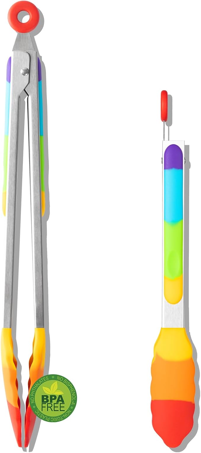 OYV Rainbow Silicone Tongs for Cooking, Heat Resistant Kitchen Tongs for Salad, Grilling, Cooking, 304 Stainless Steel Locking and BPA Free Silicone Tips Set of 2, 9 and 12 Inch