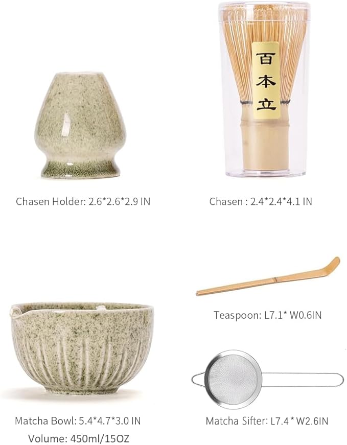 TANG PIN Matcha Set - Match Bowl and Whisk, 15 OZ Matcha Whisk Set | Matcha Scoop | Matcha Whisk Stand (Chasen Holder) - 5pc Perfect Matcha Kit for Matcha Tea Ceremony (Mottled Green)