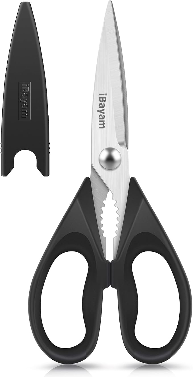 iBayam All Purpose Kitchen Shears with Protective Sheath, Black, 8.7 inch | Durable Stainless Steel Scissors, Dishwasher Safe, Soft Grip Comfort Handle, Built-In Bottle Opener