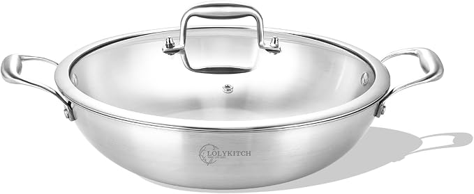 LOLYKITCH 10-Inch Stainless Steel Wok with Lid | 2.5-Quart | Dual Handles | Small | Uncoated Tri-Ply Stir Fry Pan | Everyday Cooking Wok for Induction | Flat Bottom | PFOA-FREE | 1-2 Servings ﻿