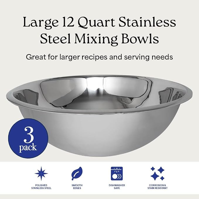 12 Quart Large Stainless Steel Mixing Bowls Set, 3-Pack, Nesting Bowls | Extra Large Commercial Grade Metal Bowls for Meal Prep, Baking, Serving, Food Storage. Rustproof & Dishwasher Safe