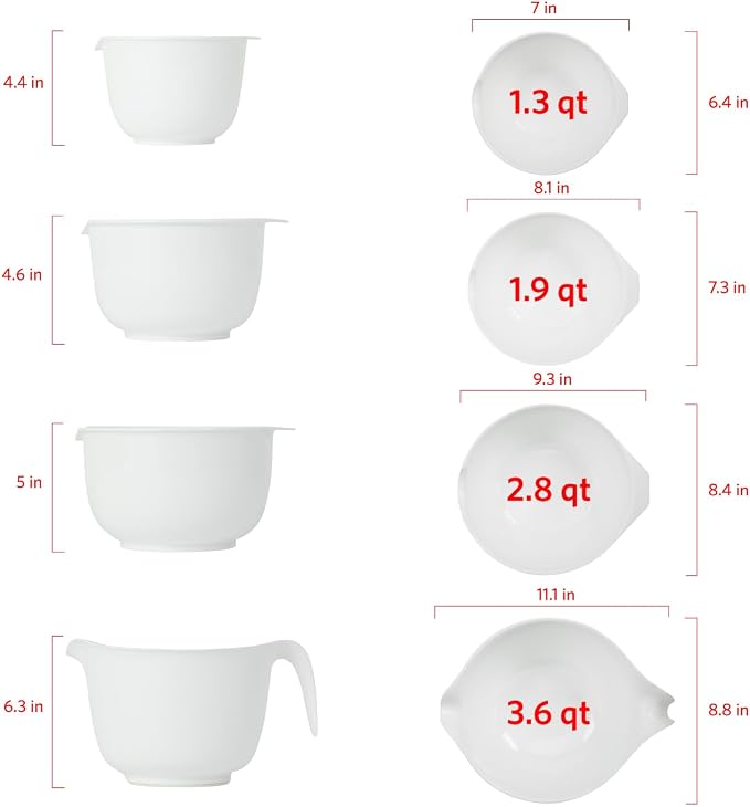 Glad Mixing Bowls with Pour Spout, Set of 4 - Nesting Plastic Bowls (1.2qt, 1.9qt, 2.8qt, and 3qt with Handle) - Non Slip Base, Dishwasher Safe Kitchen Cooking and Baking Supplies, Grey