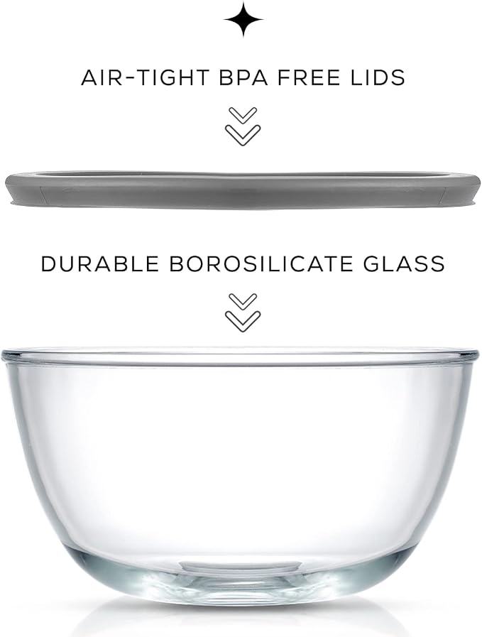 JoyJolt Kitchen Mixing Bowls - 8pc Glass with Lids Set – Neat Nesting Large Bowl Batter Cooking Storage and Big Salad BPA-Free Gray