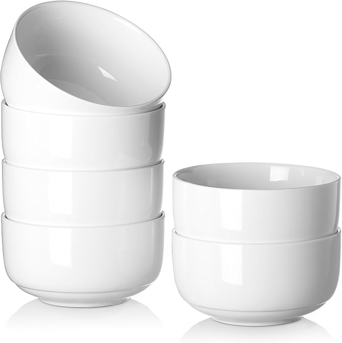DOWAN White Ceramic Bowls Set of 6, 20 oz Ceramic Cereal Bowls, Everyday Cereal, Soup & Rice Bowls, Stackable Stoneware for Modern Kitchens, Dishwasher & Microwave Safe Bowl