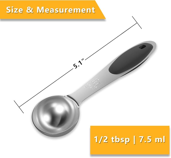 1PCS 1/2Tbsp(7.5ml, 1/4oz) Measuring Spoon, Stainless Steel Measure Scoop | Accurate, BPA-Free, Dishwasher Safe, Silicone Grip, Engraved Marking, Kitchen Essential