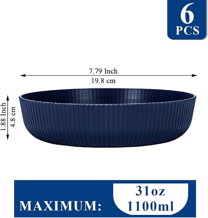 HOMQUEN Pasta Bowls Set of 6, 37oz Salad Bowls Blue Soup Bowls, Large Pasta Serving Bowls, Unbreakable Plastic Dinner Bowls, Dinnerware Sets,Valentines Day Gift, Dishwasher Safe (Blue)