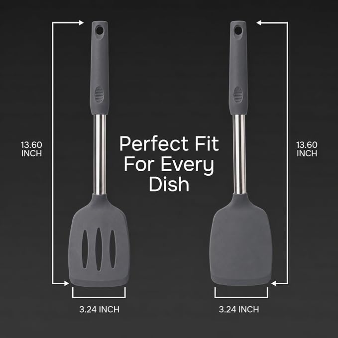 Silicone Spatula Set (2-Pc) - 600°F Heat Resistant, BPA Free, Non-Scratch, Dishwasher Safe I Slotted & Solid Kitchen Spatula Turners I Ideal for Eggs, Pancakes, Fish I Stainless Steel I Gray