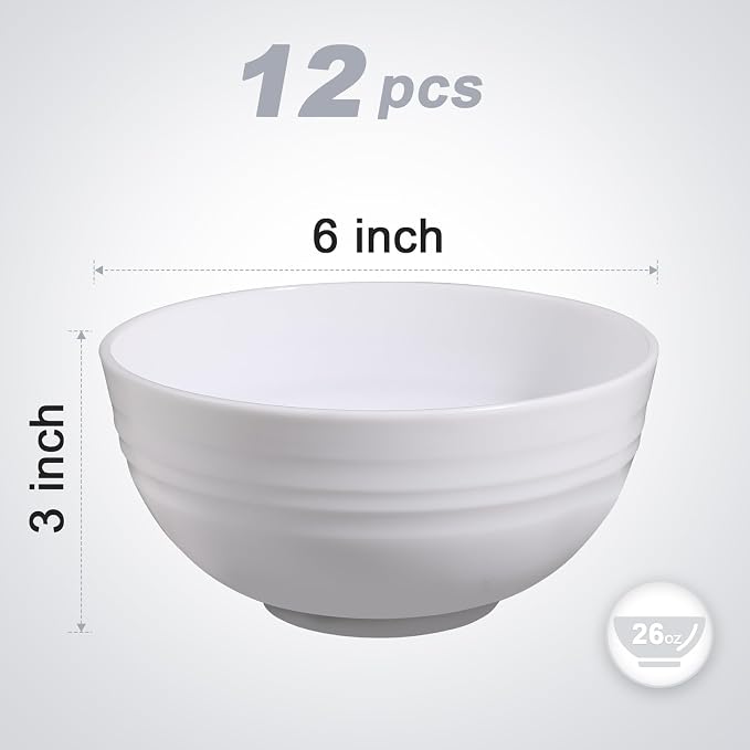 12 Pcs Unbreakable Cereal Bowls Set, 26 Oz Wheat Straw Bowls Set, Microwave & Dishwasher Safe Bowls for Kitchen, Reusable Plastic Bowls for Soup, BPA Free, White (NON-CERAMIC‌)