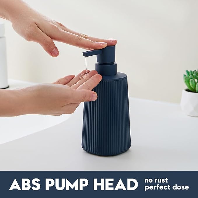 Small Soap Dispenser for Bathroom and Kitchen Matte Blue | Modern Farmhouse Striped Style Plastic Hand Soap Dish Soap Dispenser with Pump