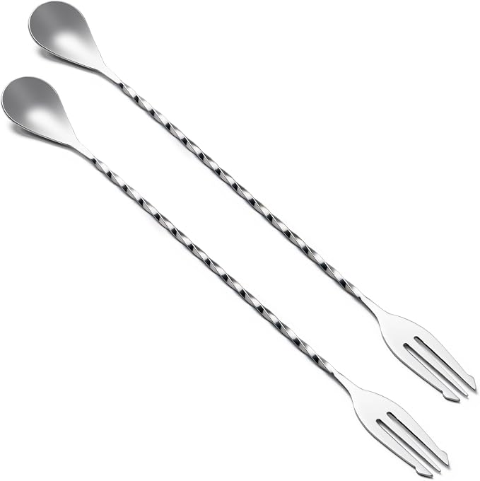 Bar Spoon Cocktail Mixing Stirrers,2Pcs,12” with Trident Fork,Silver | 18/8 Stainless Steel, Double Ended Design, Long Drink Spoons, Trident Fork, for Stirring Coffee & Cocktails