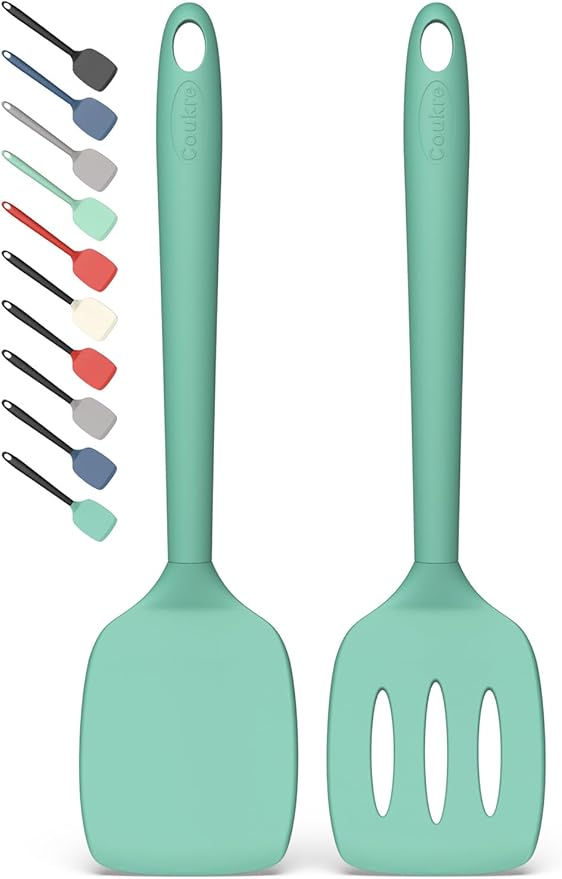 Coukre 2 Pack Silicone Spatula Set,High Heat Resistant, BPA-Free | Dishwasher Safe Kitchen Spatula for Nonstick Pans, Solid & Slotted Turners for Cooking, Sautéing, and Flipping, PureAquaGreen