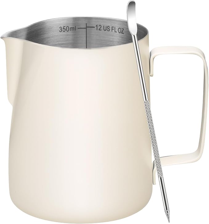 Amrules Milk Frothing Pitcher 12oz Frother Cup Barista Tools, White | 18/8 Stainless Steel, 12oz Capacity with Clear Scale, with Decorating Pen, Ergonomic Handle, for Cappuccino, Latte & Espresso