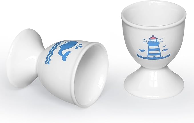 Cinf Ceramic Egg Cups, 2 Pack, Lighthouse Whale Holders for Boiled Eggs | 2 ceramic egg cups lighthouse whale pattern, stable and easy to clean, for boiled eggs and breakfast tables