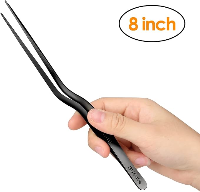 Gutsdoor 8 Inch Plating Tweezers Stainless Steel Precision Culinary Tweezer Black Kitchen Offset Tweezers Tongs