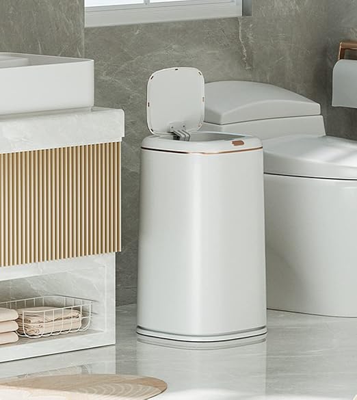 Sooyee 40L Automatic Trash Can with Lid, White with Gold Border | 10 Gallon, Smart Motion Sensor, For Bedroom, Bathroom, Kitchen, Office, 3 Opening Modes
