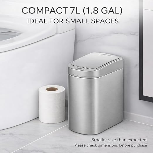Ninestars Small Automatic Motion Sensor Bathroom Trash Can, 1.8 Gallon Smart Opening Garbage Bin for Bathroom, Bedroom, Kitchen, Office 7 Liter Compact Stainless Steel