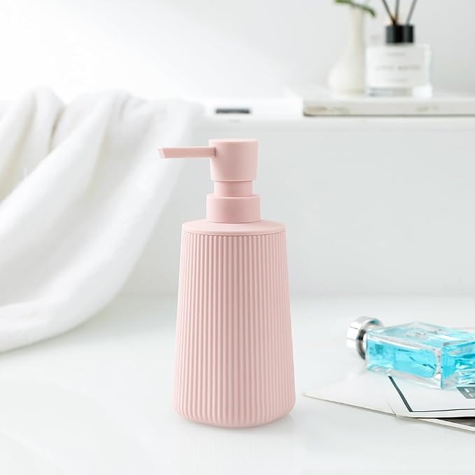 YAUKPH Small Soap Dispenser for Bathroom and Kitchen Matte Pink for Girls | Modern Farmhouse Striped Style Plastic Hand Soap Dish Soap Dispenser with Pump