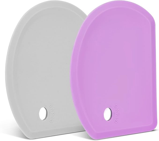 Silicone Dough Scraper with Metal Core Flexible Bowl Scraper Bread Baking | With Stainless Steel Sheet, Curved Edge Food Grade Silicone Bench Scraper for Sourdough Bread, Set of 2, Gray & Purple, SAPID