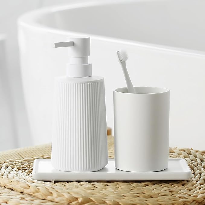 Small Soap Dispenser for Bathroom and Kitchen, Modern Farmhouse Striped Style Plastic Hand Soap Dish Soap Dispenser with Pump Matte White | Modern Farmhouse Striped Style Plastic Hand Soap Dish Soap Dispenser with Pump