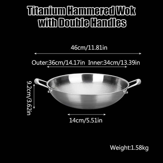 14 Inch Titanium Hammered Wok with Double Handles, Frying Pans Nonstick, Non-Stick Wok, Scratch-Resistant Non Stick Titanium Pans for Cooking,No lid