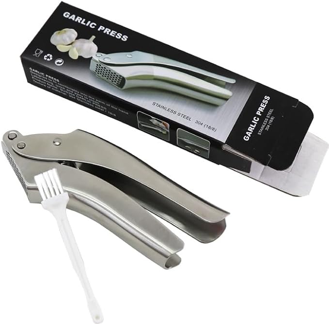 Premium Heavy Duty Garlic Press - 100% 304 Stainless Steel Professional Garlic Mincer & Crusher - Easy Clean Dishwasher Safe Kitchen Tool, Includes Custom Cleaning Brush