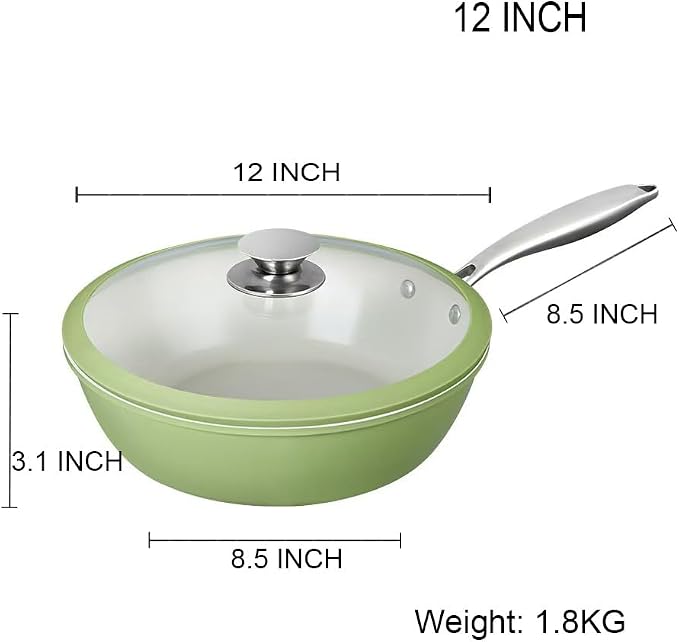 Nonstick Ceramic Frying Pan, Stir Fry Pans with Lid, Gas Electric & Induction Compatible (Green, Pan with Lid 12 inch)