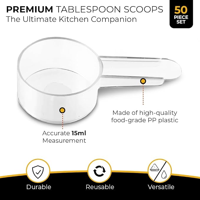 50 Pack Tablespoon Measuring Spoons, 1 Tbsp (15 mL) Plastic Coffee Scoops | Clear short-handle 1 tbsp scoops for coffee, loose tea, protein powder, spices, baking ingredients, and powdered supplements.