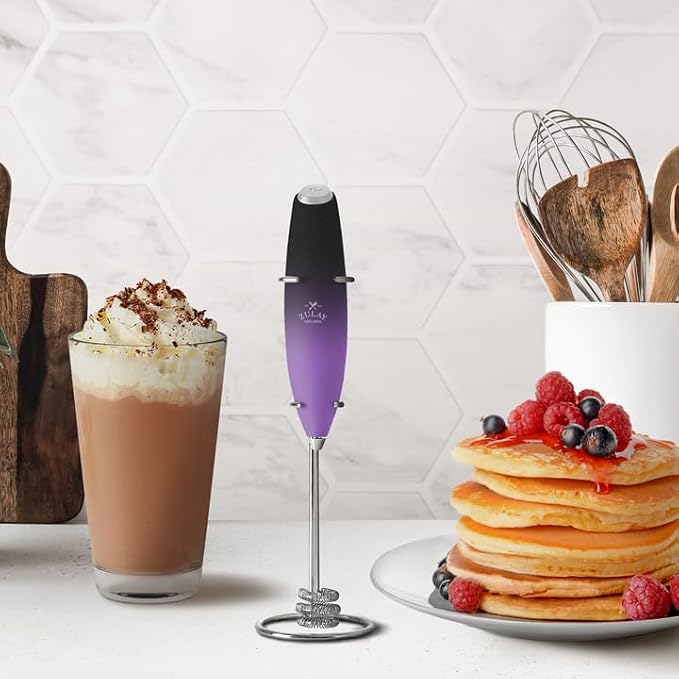 Zulay Powerful Milk Frother for Coffee with Upgraded Titanium Motor - Handheld Electric Whisk, Milk Foamer, Mini Mixer & Coffee Blender for Frappe, Latte, Matcha, No Stand - Purple & Black