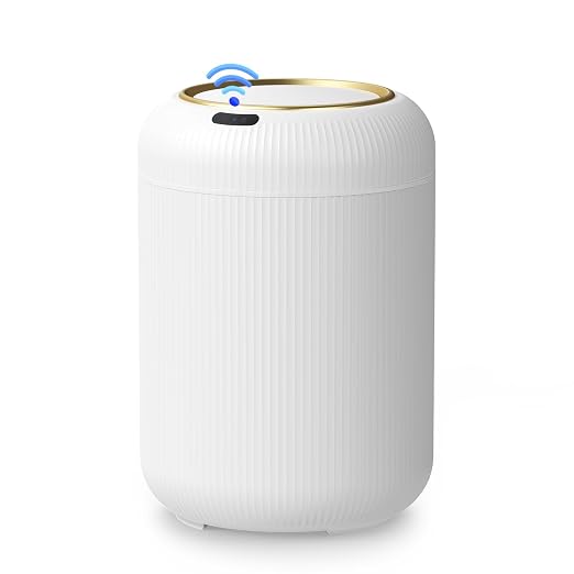 Automatic Motion Sensor Bathroom Trash Can with Lid,White and Gold | 3 Gallon Touchless Trash Bin,Auto Plastic Electric Garbage Cans Small White waste basket for Office, rv, Bedroom, Living Room