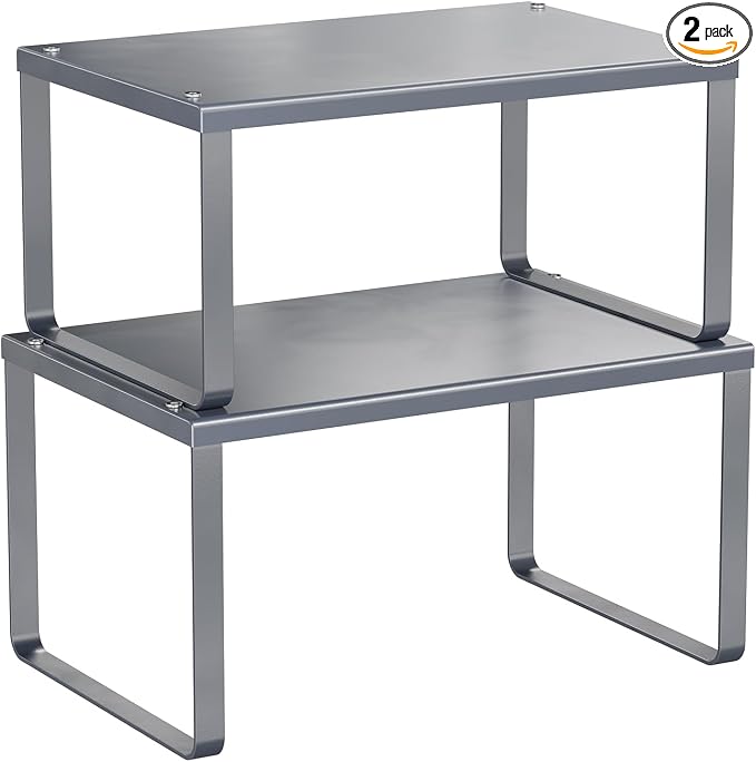 Simple Trending Cabinet Organizer Shelf, Set of 2 Kitchen Counter Shelves, Kitchen Storage, Stackable, Expandable, Metal Spice Rack for Cupboard, Bathroom, Desk, Pantry, Silver