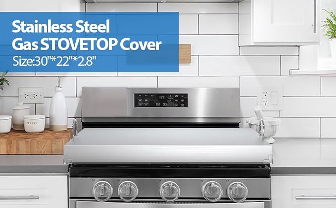 Stainless Steel Gas Stove Cover Board, 30 x 22 x 2.8 Inches, Large Stove Top Cover with Anti-slip Feet,Handle,Anti-collision Corner Guards,Easy to Install,Keep the Stove Clean,Bright and Beautiful