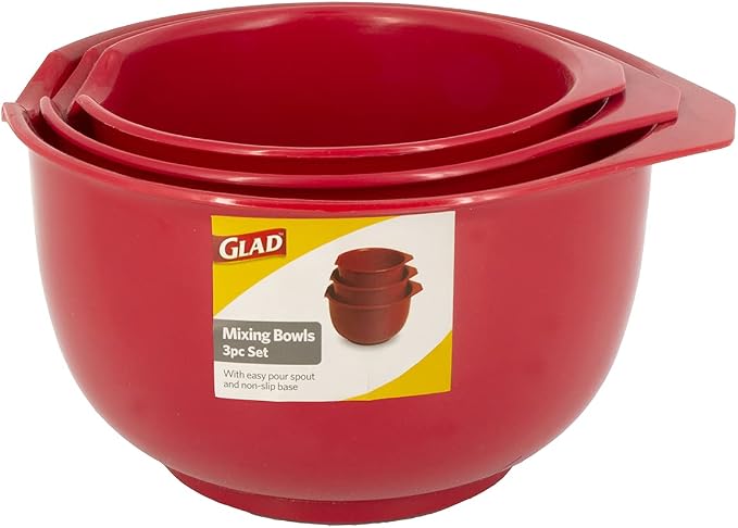 Glad Mixing Bowls with Pour Spout, Set of 3 | Nesting Design Saves Space | Non-Slip, BPA Free, Dishwasher Safe Plastic | Kitchen Cooking and Baking Supplies, Red