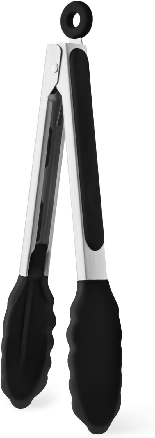 9-Inch Kitchen Tongs for Cooking with Silicone Tip,Black | 600℉ Heat-Resistant,Stainless Steel Locking Cooking Tongs Food Tongs for BBQ/Cooking/Salad/Serving Food,Heavy Duty,Non-Stick
