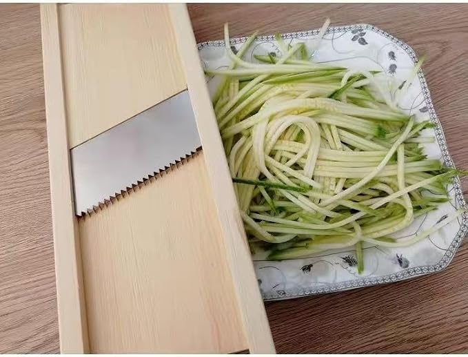Korean Carrot Julienne Shredder Solid Wood Food Grater, Non-Detachable Stainless Steel Blade Veggie Cutter with Safety Hand Guard, For Potato Radish Onion Slicing & Shredding