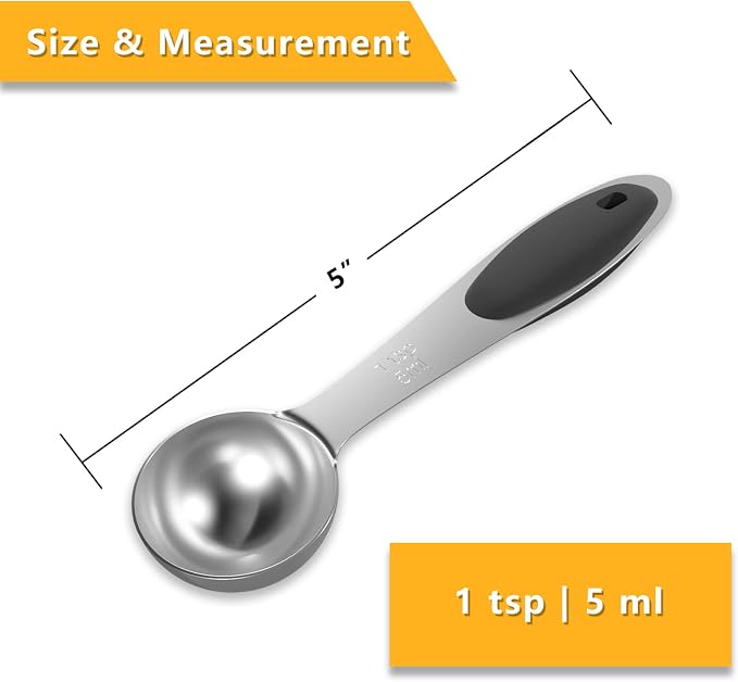4PCS 1Tsp(5ml, 1/6oz) Measuring Spoon, Stainless Steel Measure Scoop | Accurate, BPA-Free, Dishwasher Safe, Silicone Grip, Engraved Marking, Kitchen Essential