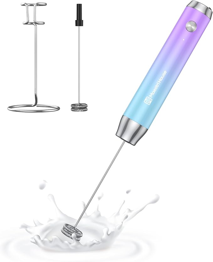 Maestri House LunaFro Rechargeable Milk Frother,Stand & 2 Detachable Whisks | 8000RPM Turbo Motor, 1200mAh lithium battery, Handheld Milk Frother for Lattes, Cappuccino, Matcha & Powdered Supplements