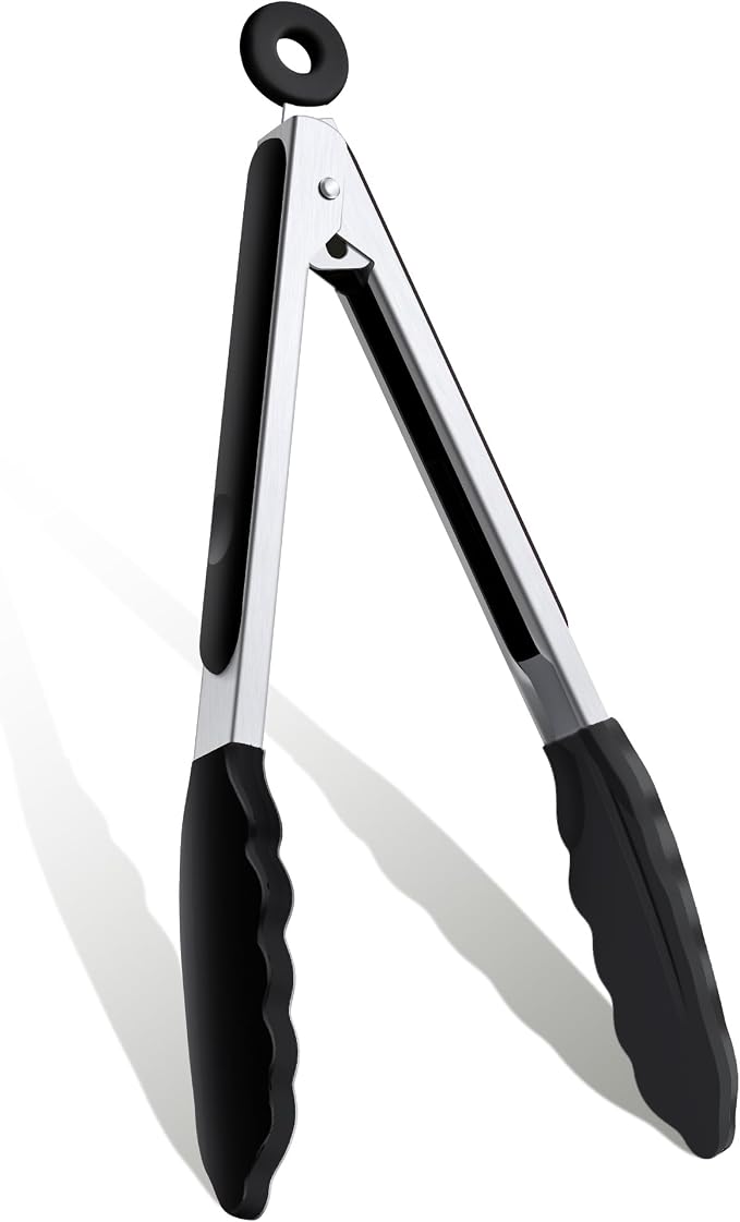 9 Inch Kitchen Tongs, Stainless Steel Cooking Tongs with Silicone Tips | For Cooking/Serving/Grilling | Heat-Resistant | Food-Grade Material | Dishwasher Safe | Black