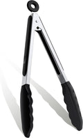 9 Inch Kitchen Tongs, Stainless Steel Cooking Tongs with Silicone Tips | For Cooking/Serving/Grilling | Heat-Resistant | Food-Grade Material | Dishwasher Safe | Black