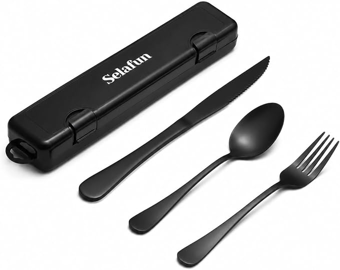 4-pieces Travel Set with Case Portable Silverware Utensils Set for work, Stainless Steel Reusable Flatware Set Cutlery Set for Camping Picnic Hiking Office (4, matte black)