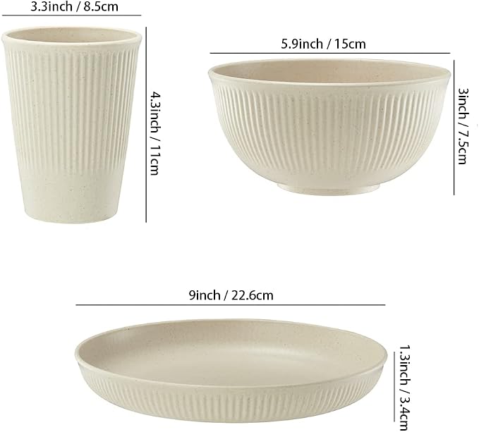18pcs Wheat Straw Dinnerware Sets HXYPN Unbreakable Reusable Dinnerware Set | Kitchen Cups Plates and Bowls Sets Dishwasher Microwave Safe Plates