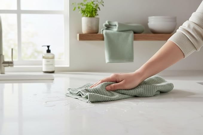 Sage Green Kitchen Hand Dish Towels, Set of 3, 100% Cotton, 18" x 28" | Terry Loop Ribbed Textured, Soft & Absorbent Cleaning Cloth, Quick Dry, Multipurpose for Everyday Use