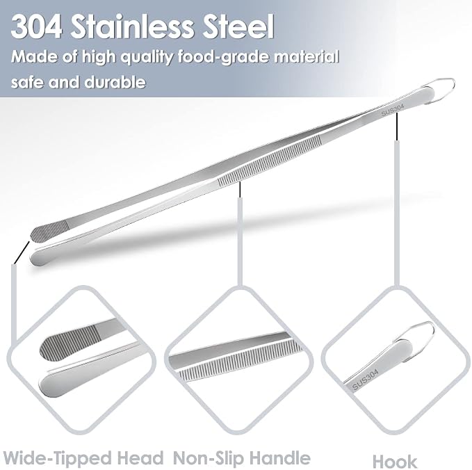 Gutsdoor Kitchen Tweezers Tongs, 12-Inch Cooking Tweezers 304 Stainless Steel Food Tweezer Tongs for Cooking, Plating, BBQ