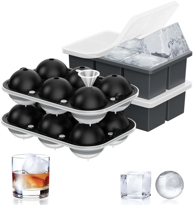 ROTTAY Ice Cube Trays (Set of 4), Sphere Ice Ball Maker with Lid & Large Square Ice Cube Maker for Whiskey, Cocktails and Homemade, Keep Drinks Chilled | Perfect for Whiskey, Cocktails, Bourbon, and Homemade Drinks, Creating Slow-Melting Ice That Keeps...